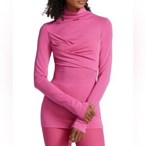 Size 0 Off-White Longline Twisted Stretch Crepe Logo Top Fuchsia Black